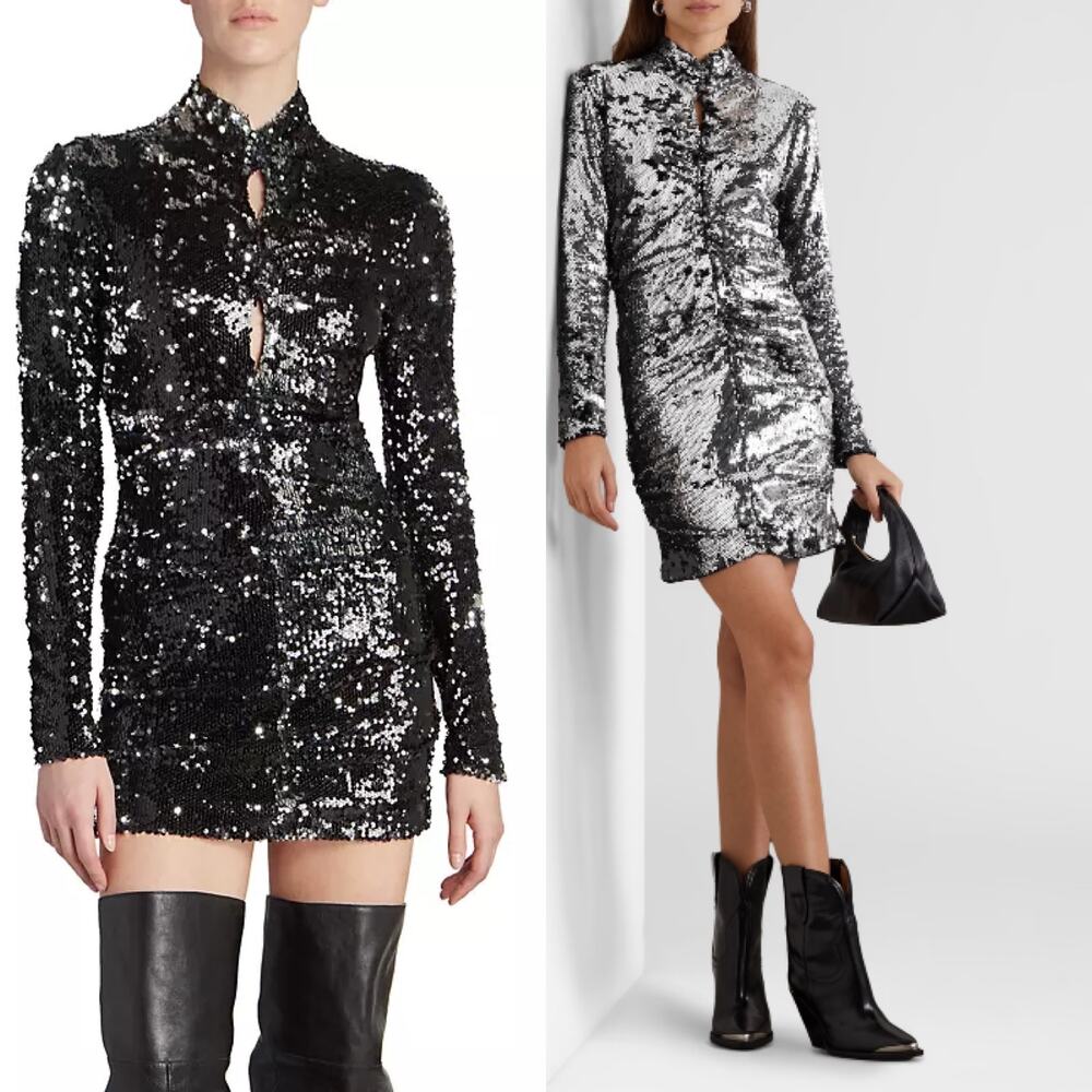 New Isabel Marant Marnela Sequins Cotton Cut Out Dress Silver Size FR36/US4